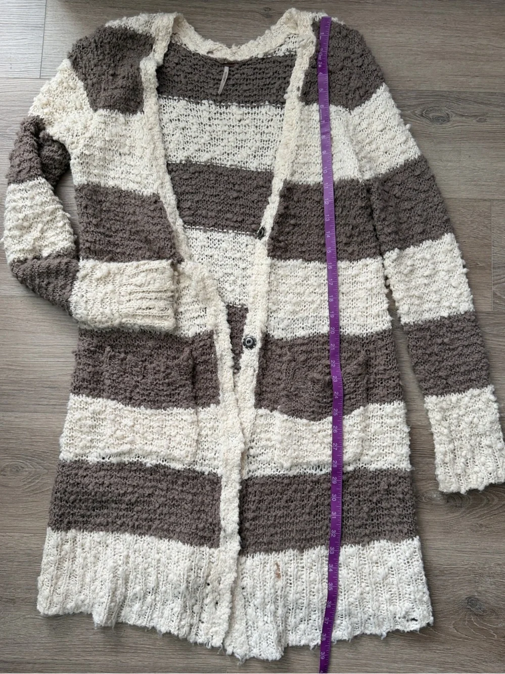 Free People Cream & Brown Striped Open-Front Cardigan